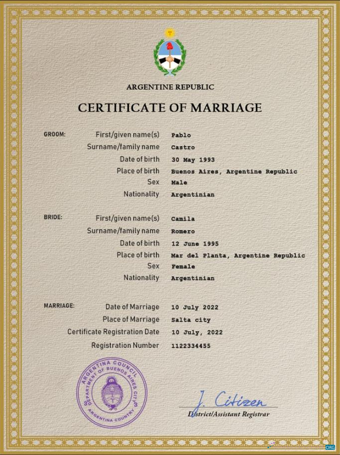 Download Argentina marriage certificate PSD template Photoshop template